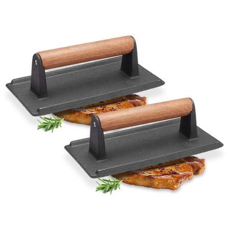 2X Cast Iron Bacon Meat Steak Press Grill BBQ with Wood Handle Weight Plate