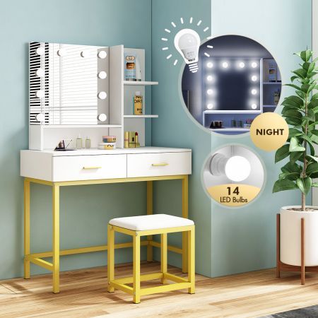 Large Dressing Table Vanity Makeup Desk 10 LED Lighted Mirror with Stool 2 Drawers Shelves White