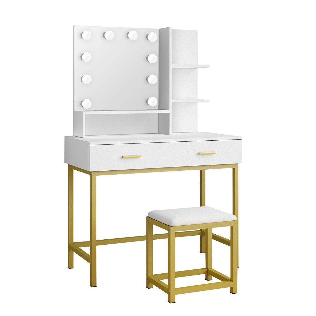 Makeup Vanity Set Dressing Table with Hollywood Style Mirror 10 LED Lights 2 Drawers Stool White and Gold