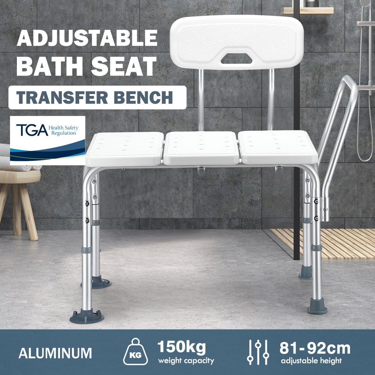 Adjustable Shower Chair Bath Seat Stool Medical Tub Transfer Bench with Armrest Backrest Elderly Disability Mobility Aid