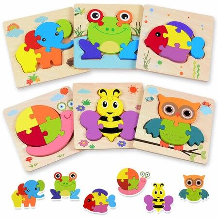 Wooden Puzzles for Toddler,Gifts Toys for  Boys Girls Baby Infant Kids Montessori Learning 6 Animal Pattern Jigsaw Puzzles Stem Developmental Toy