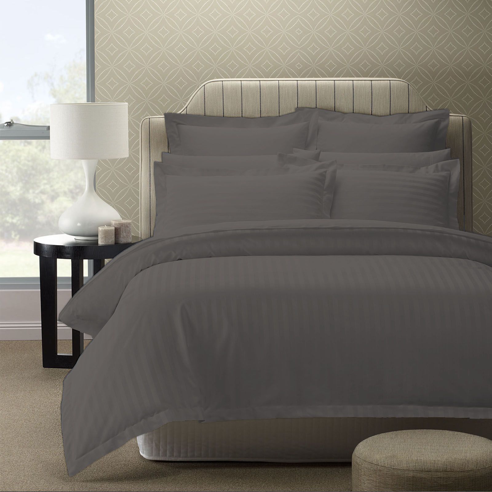 Royal Comfort 1200 Thread count Damask Stripe Cotton Blend Quilt Cover Sets King Charcoal Grey