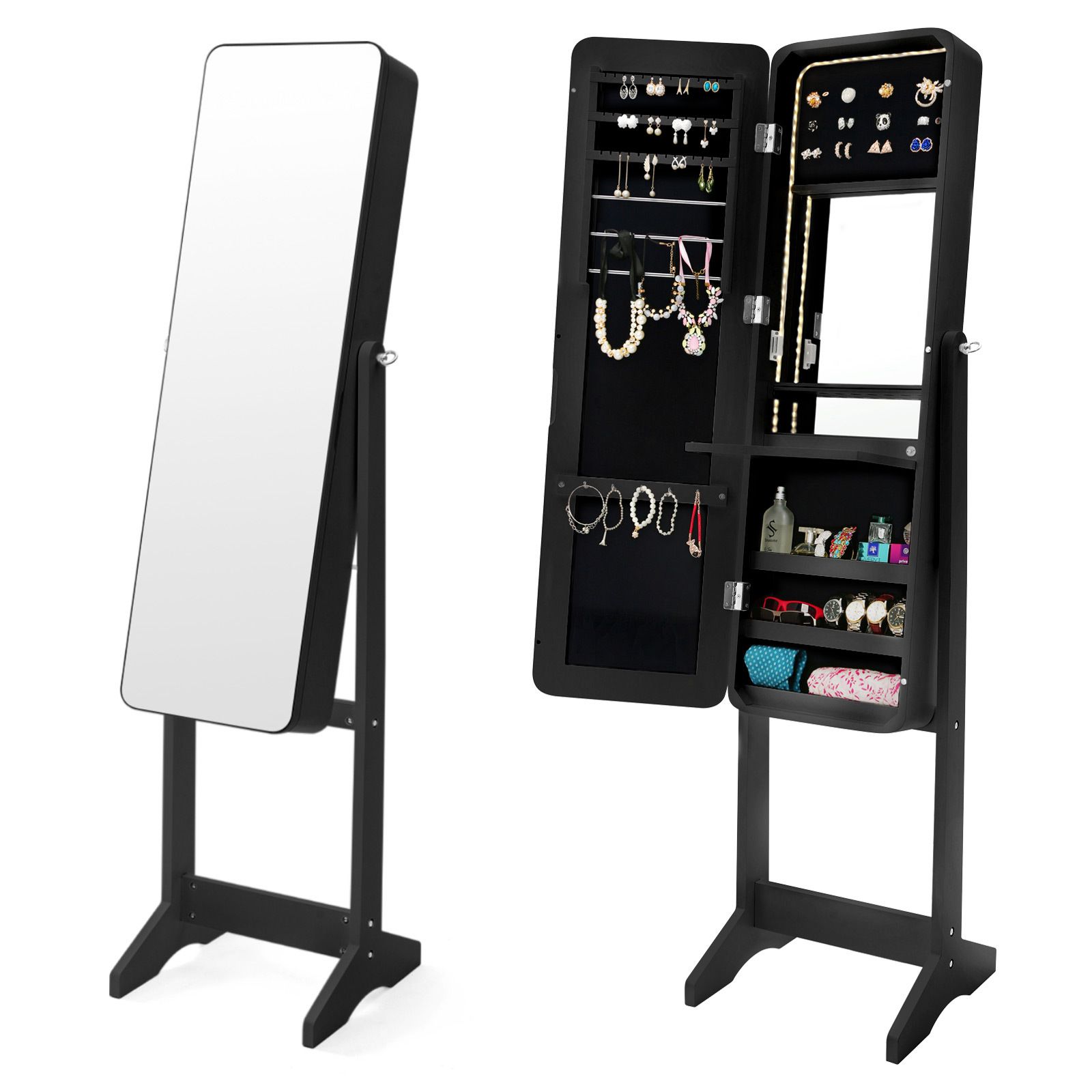 Mirror Jewellery Cabinet Organiser LED 146cm BLACK