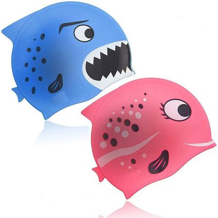 Children's Swimming Cap 2 Pack Shark and Small Fish Silicone Swimming Cap are Suitable For Kids Ages 3 to 12