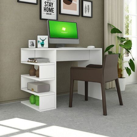 White Computer Desk Study Gaming Table with Bookshelf Modern Office Furniture