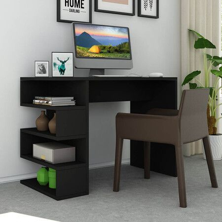 Black Computer Desk Gaming Study Table with Bookshelf Modern Office Furniture