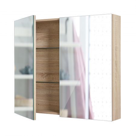 Bathroom Mirror Cabinet Wall Twin Door Shaving Storage 75 x 72 cm OAK