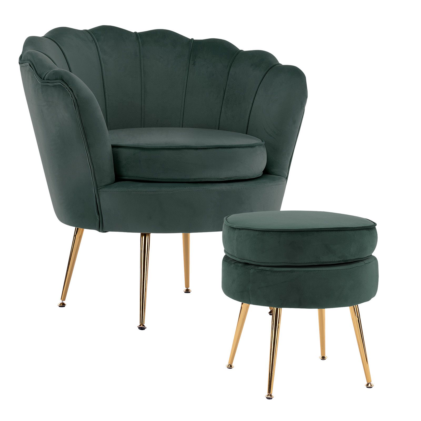 Armchair Lounge Chair Accent Velvet Shell Scallop + Ottoman Footstool Round GREEN