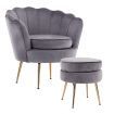 Armchair Lounge Chair Accent Velvet Shell Scallop + Ottoman Footstool Round GREY