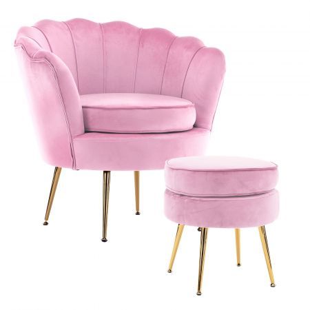 Armchair Lounge Chair Accent Velvet Shell Scallop + Round Ottoman Footstool PINK