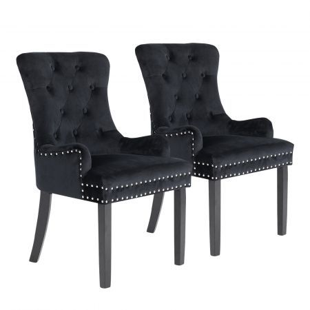 2X French Provincial Dining Chair Ring Studded Velvet Rubberwood Leg LISSE BLACK