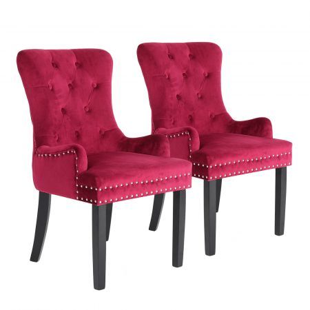 2X French Provincial Dining Chair Ring Studded Velvet Rubberwood Leg LISSE BORDEAUX RED
