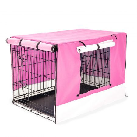 Wire Dog Cage Foldable Crate Kennel 48in with Tray + PINK Cover Combo
