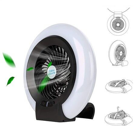 USB Rechargeable Camping Lantern Fan, Foldable Light Fan Cordless Desk Fan Lamp with Hanging Hook