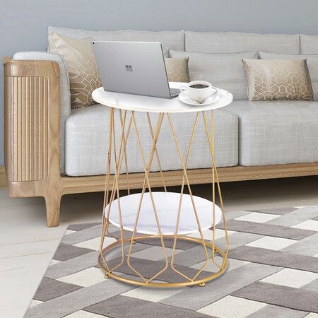 White Side Sofa Table Coffee Marble End Round Nightstand Plant Stand for Bedside Couch