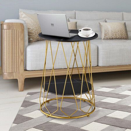 Round Sofa Side Table Black Marble Nightstand Plant Stand for Coffee Bedside Couch Sofa End