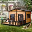 Petscene Wooden Dog Kennel XXL 2-Door Timber Pet House with Patio Curtain Openable Gable Roof Raised Floor