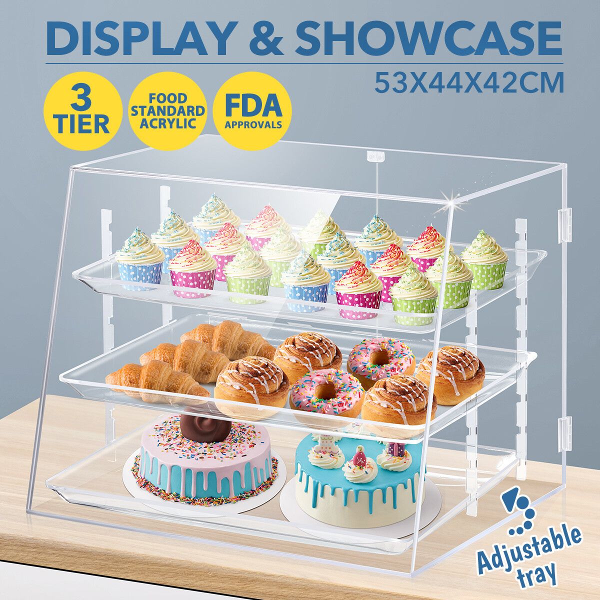 3 Tier Large Acrylic Cake Display Case Cabinet Cupcake Pastry Bakery Donut 3 Adjustable Shelves Transparent 5mm Thick