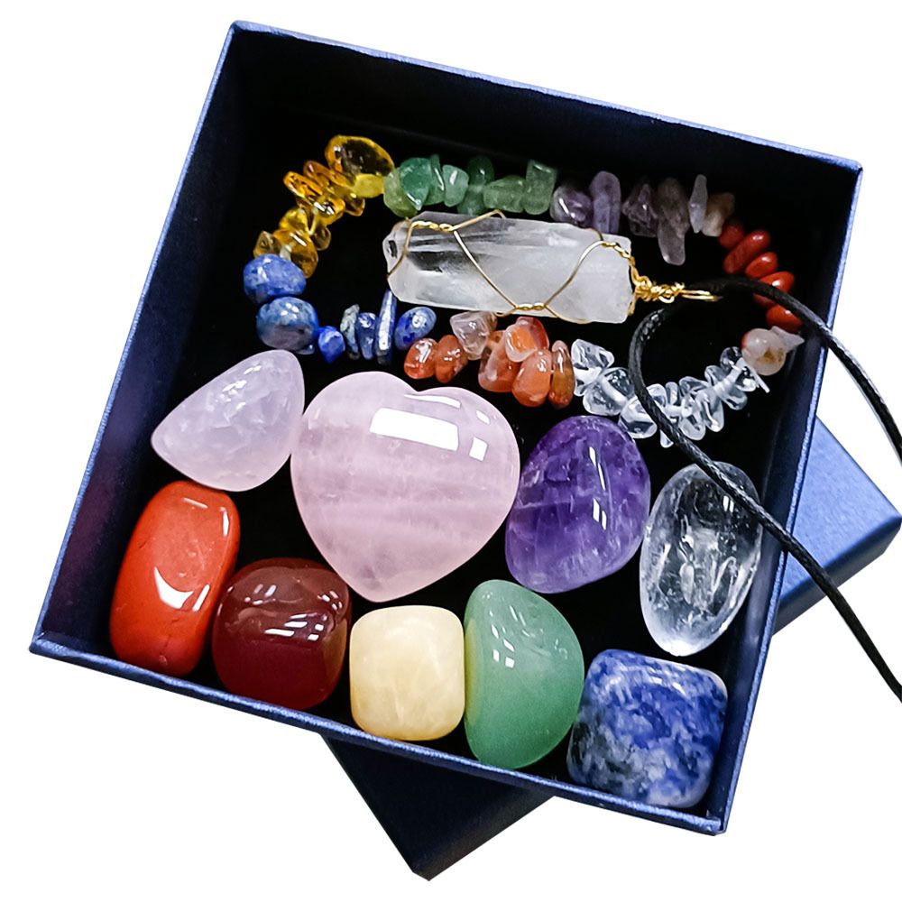 9pcs Crystals Healing Gemstones Chakra Stones 1Pc Crystal Bracelet 1pc Clear Quartz Necklace Set For Beginners