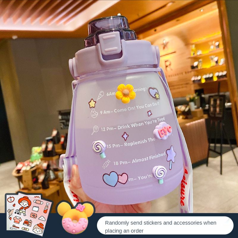 1400ml Cute Water Bottle with Stickers Straw Big Belly Cup Sports Bottle for Water Jug Children Kettle Color Purple with random stickers and accessories