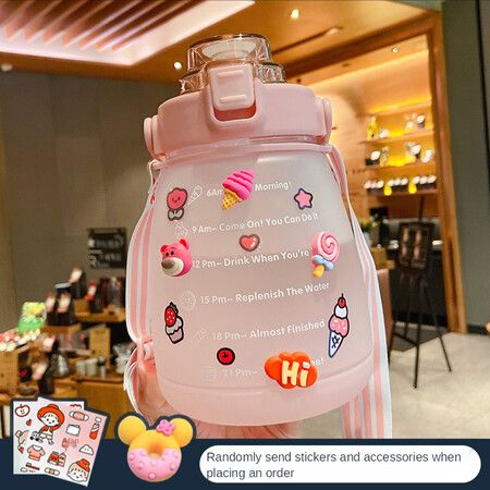 1400ml Cute Water Bottle with Stickers Straw Big Belly Cup Sports Bottle for Water Jug Children Kettle Color PINK with random stickers and accessories