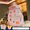 1400ml Cute Water Bottle with Stickers Straw Big Belly Cup Sports Bottle for Water Jug Children Kettle Color PINK with random stickers and accessories