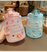 1400ml Cute Water Bottle with Stickers Straw Big Belly Cup Sports Bottle for Water Jug Children Kettle Color PINK with random stickers and accessories