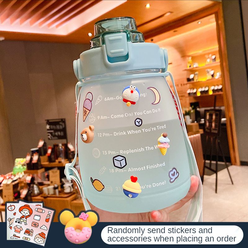 1400ml Cute Water Bottle with Stickers Straw Big Belly Cup Sports Bottle for Water Jug Children Kettle Color Green with random stickers and accessories