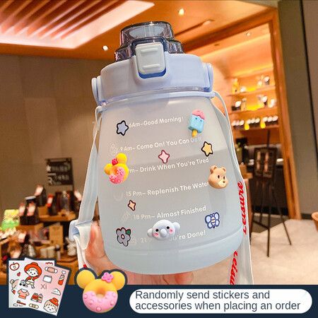 1400ml Cute Water Bottle with Stickers Straw Big Belly Cup Sports Bottle for Water Jug Children Kettle Color Blue with random stickers and accessories