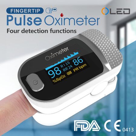 Fingertip Pulse Oximeter Blood Oxygen SpO2 Sports and Aviation RR respiratory rateCol. White Grey