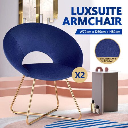 Luxsuite Armchair Velvet Dining Chair Single Lounge Sofa Accent Modern Furniture Navy Blue 2pcs