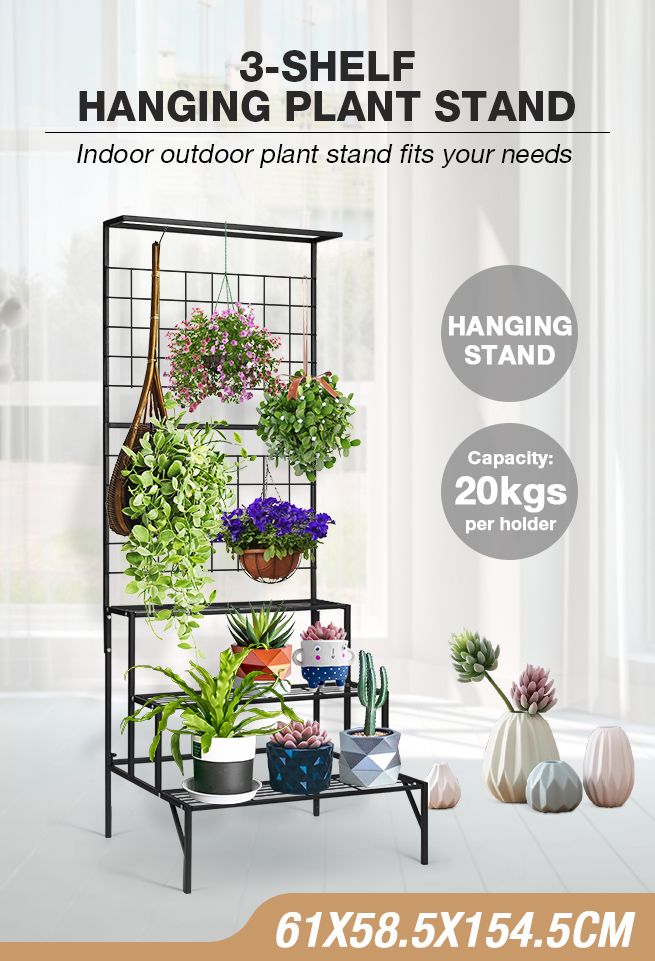 3-Tier Hanging Plant Stand Rack Metal Flower Pot Display Shelf Garden Planter Black