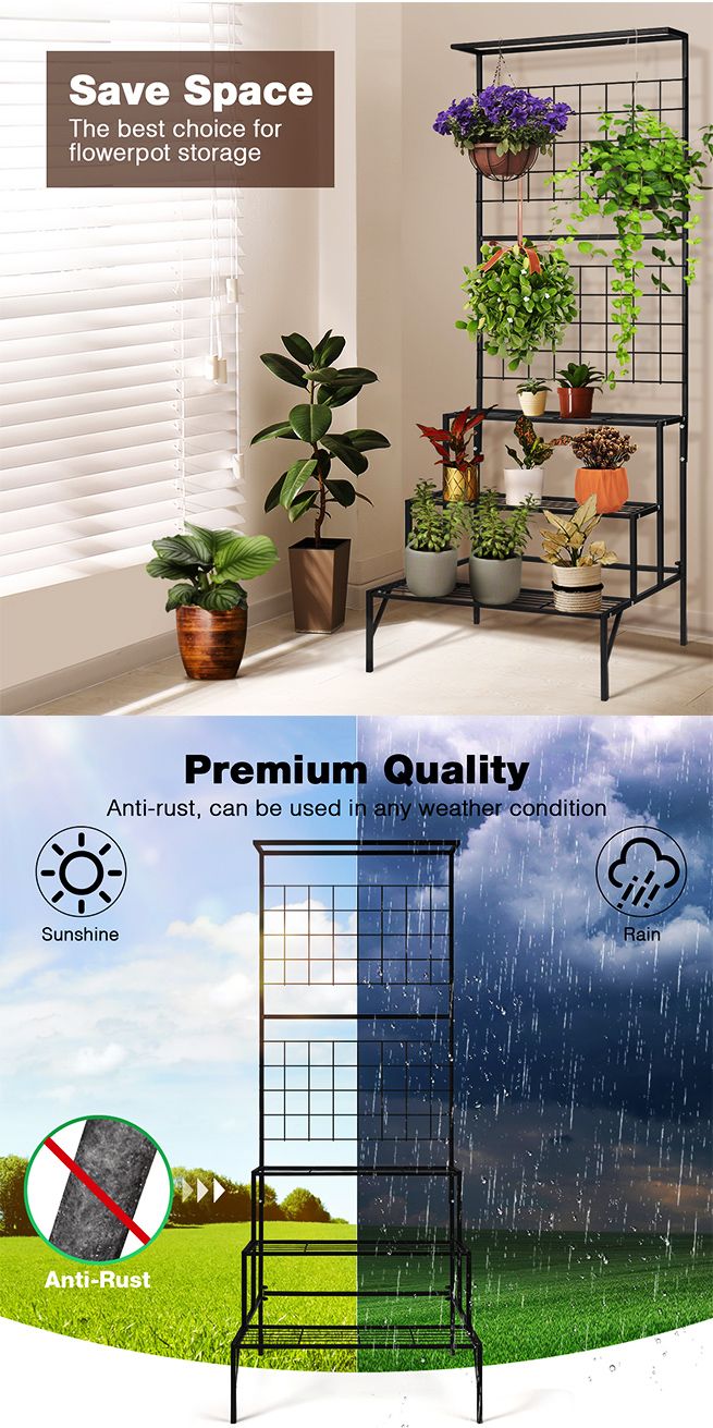 3-Tier Hanging Plant Stand Rack Metal Flower Pot Display Shelf Garden Planter Black