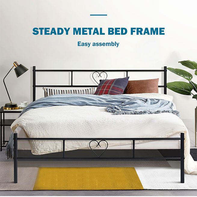 Queen Bed Frame Black Metal Platform, Queen Bed Frame With Wood Headboard Heavy Duty Platform Metal Footboard