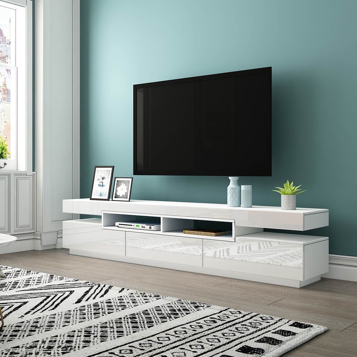 200cm TV Cabinet Bench Drawers and 2 Doors Television Unit Stand White High Gloss Front