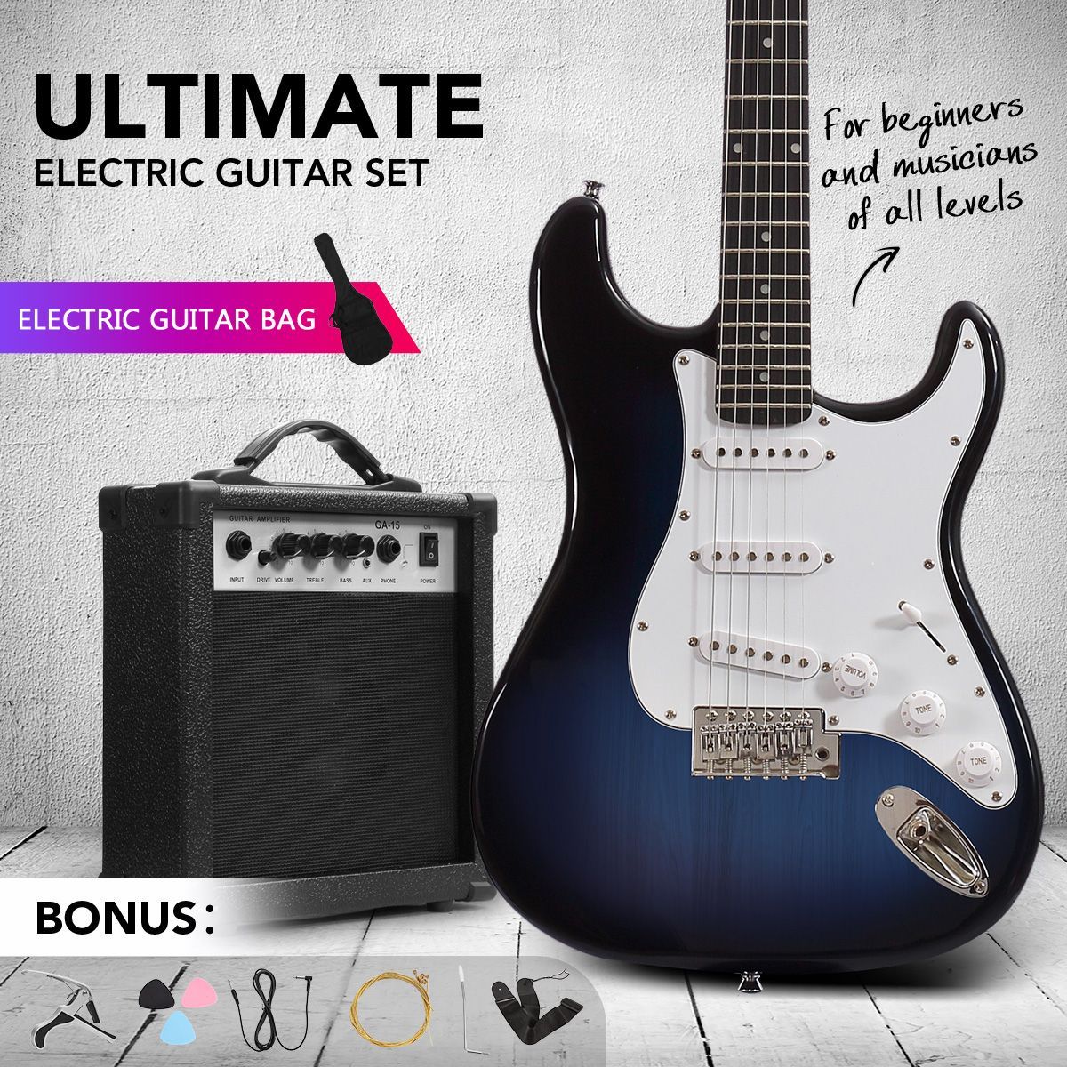 Melodic 39 Inch Electric Guitar with Bonus Amplifier Full Size Rock Blue and White
