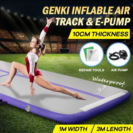 Inflatable AirTrack  Air Track Gymnastics Tumbling Floor Mat with Electric Pump Purple 3x1x0.1m