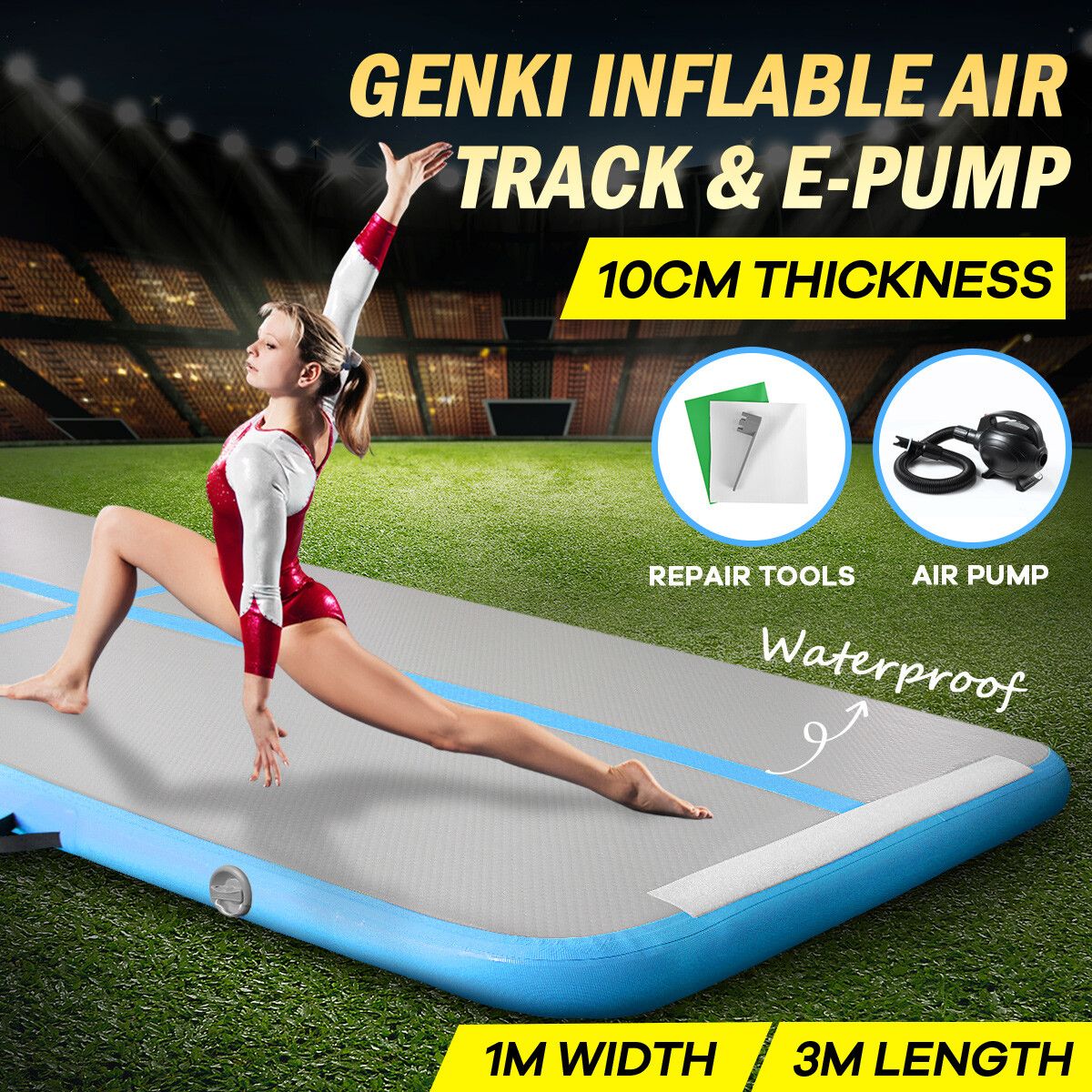 AirTrack Inflatable Air Track Tumbling Floor Gymnastics Mat with Electric Pump Blue 3x1x0.1m