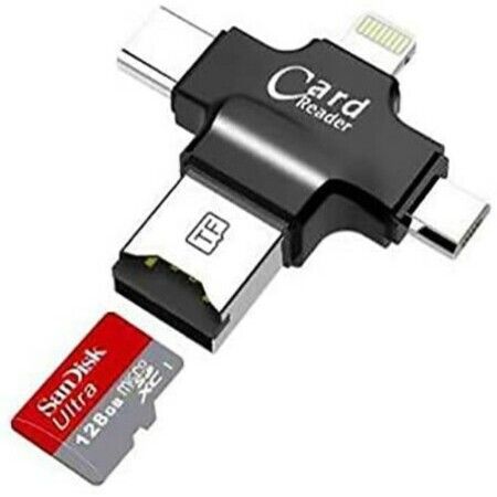 iPhone Multiple USB Card Reader, 4 in 1 Micro SD Card Reader with Type C USB Connector OTG HUB Adapter, Lightning connector, TF Flash Memory Card Readers For iPhone iOS, Android USB2.0, Windows Black