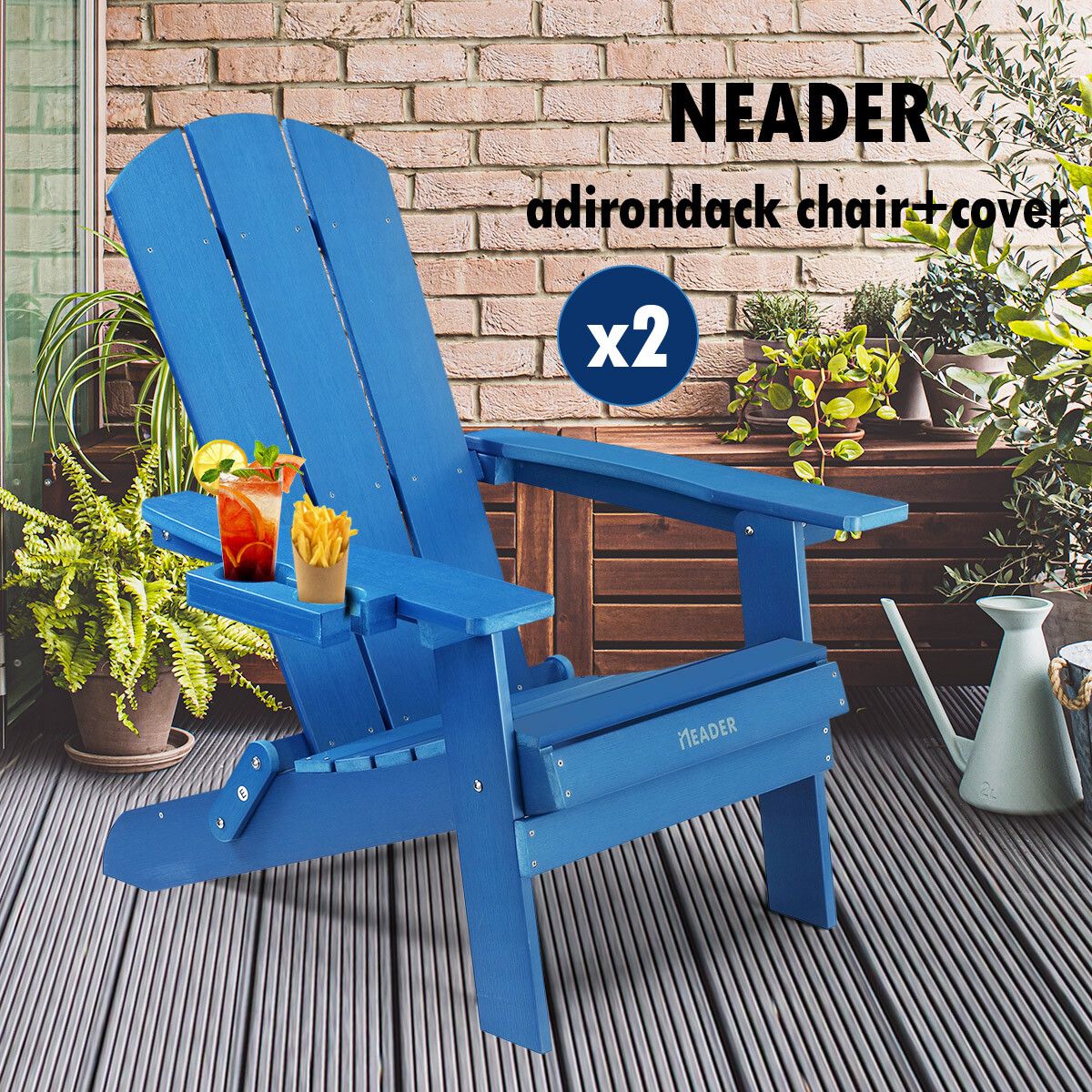 Neader Occasional Adirondack Chair Reclining Folding Outdoor Lounging Furniture Blue x2