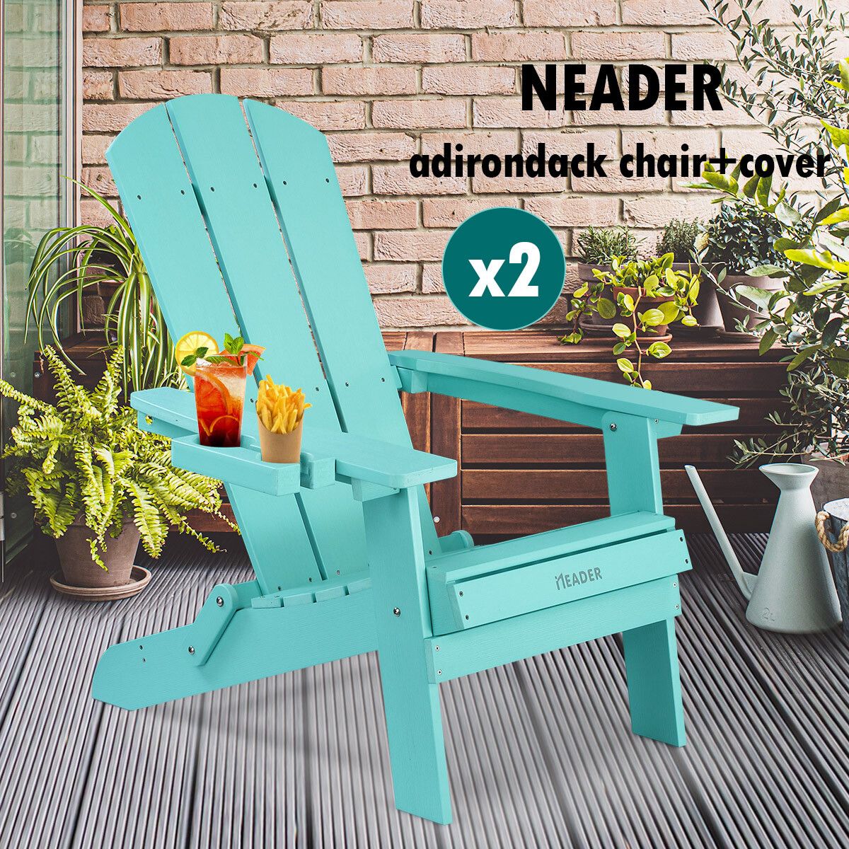 Neader Reclining Chair Adirondack Occasional Foldable Outdoor Lounging Furniture Green x2