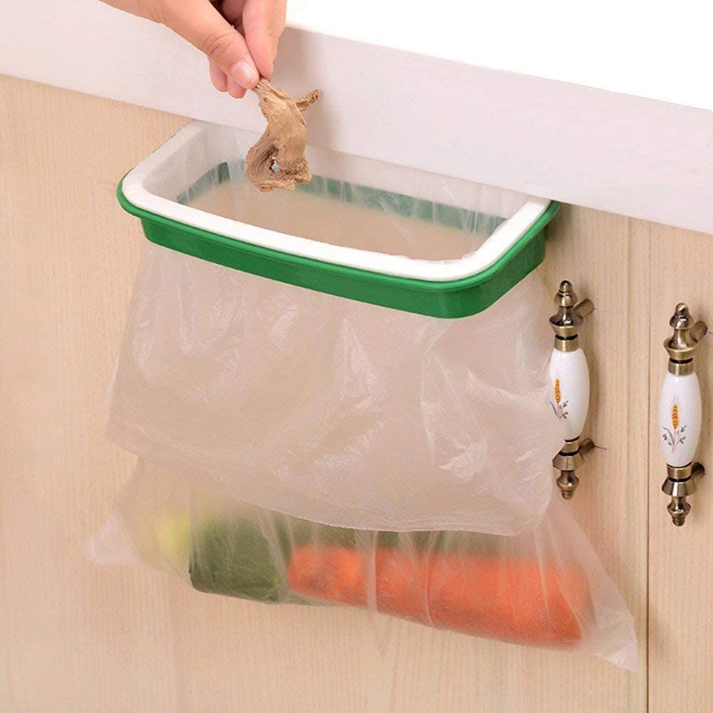 Hanging garbage bag holder for kitchen cabinet, green