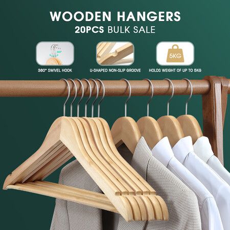 20 Pcs Wooden Clothes Hangers Portable Coat Pants Laundry Closet Hanging Racks Nature Colour