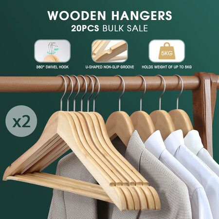 40 Pcs Wooden Clothes Hangers Portable Coat Pants Laundry Closet Hanging Racks Nature Colour