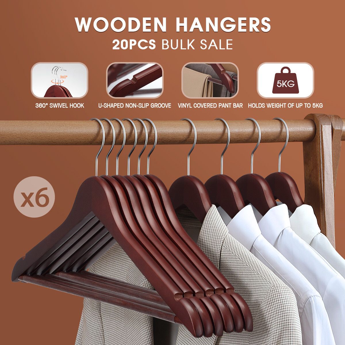 120 Pcs Wood Clothes Hangers Coat Pants Portable Laundry Closet Hanging Racks Mahogany