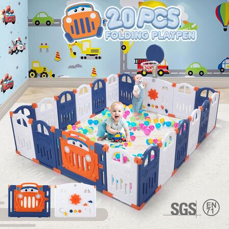 Kidbot 20 Panels Baby Playpen Interactive Safety Fence Gate Yard Activity Centre Foldable Car Design