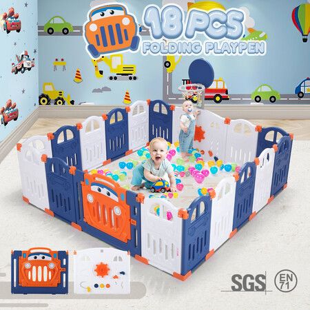 Kidbot 18 Panels Baby Playpen Interactive Safety Fence Gate Yard Activity Centre Foldable Car Design