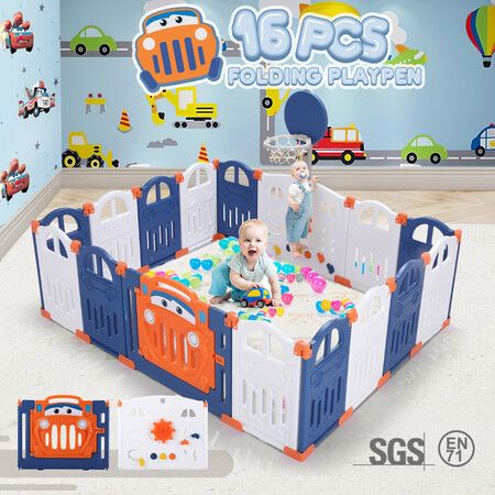 Kidbot 16 Panels Baby Playpen Interactive Safety Fence Gate Yard Activity Centre Foldable Car Design