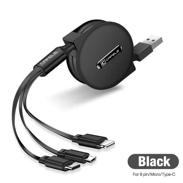 3 in 1 Charging Cable, Winding Lightning Cable,Micro/Type C, 47.2 inches (120 cm), Black