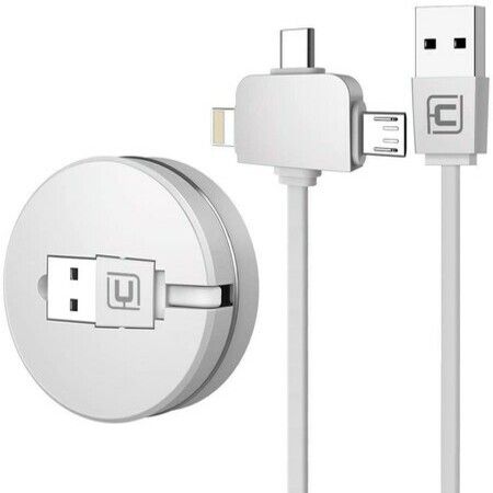 Retractable Charging USB Cable, iP and Micro USB & Type-C 3in1 Charging and 3in1 Data Transmission Charger 3.3ft / 1m Data Cables (White)